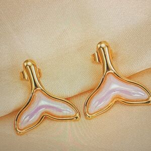Gold and Pink Whale Tail Earrings